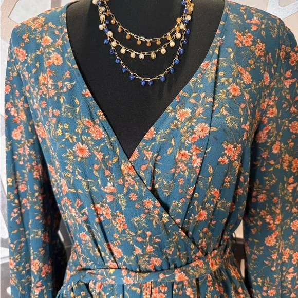 Elegant Floral Wrap Dress - Blue and Orange - Picture 3 of 10